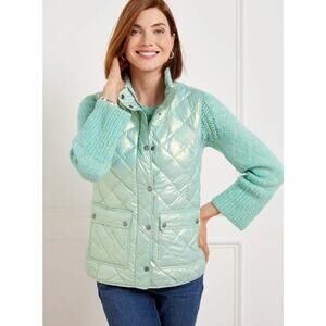 Talbots Quilted Vest Womens XL Green Pearlized Down Fill Full Zip Puffer Warm